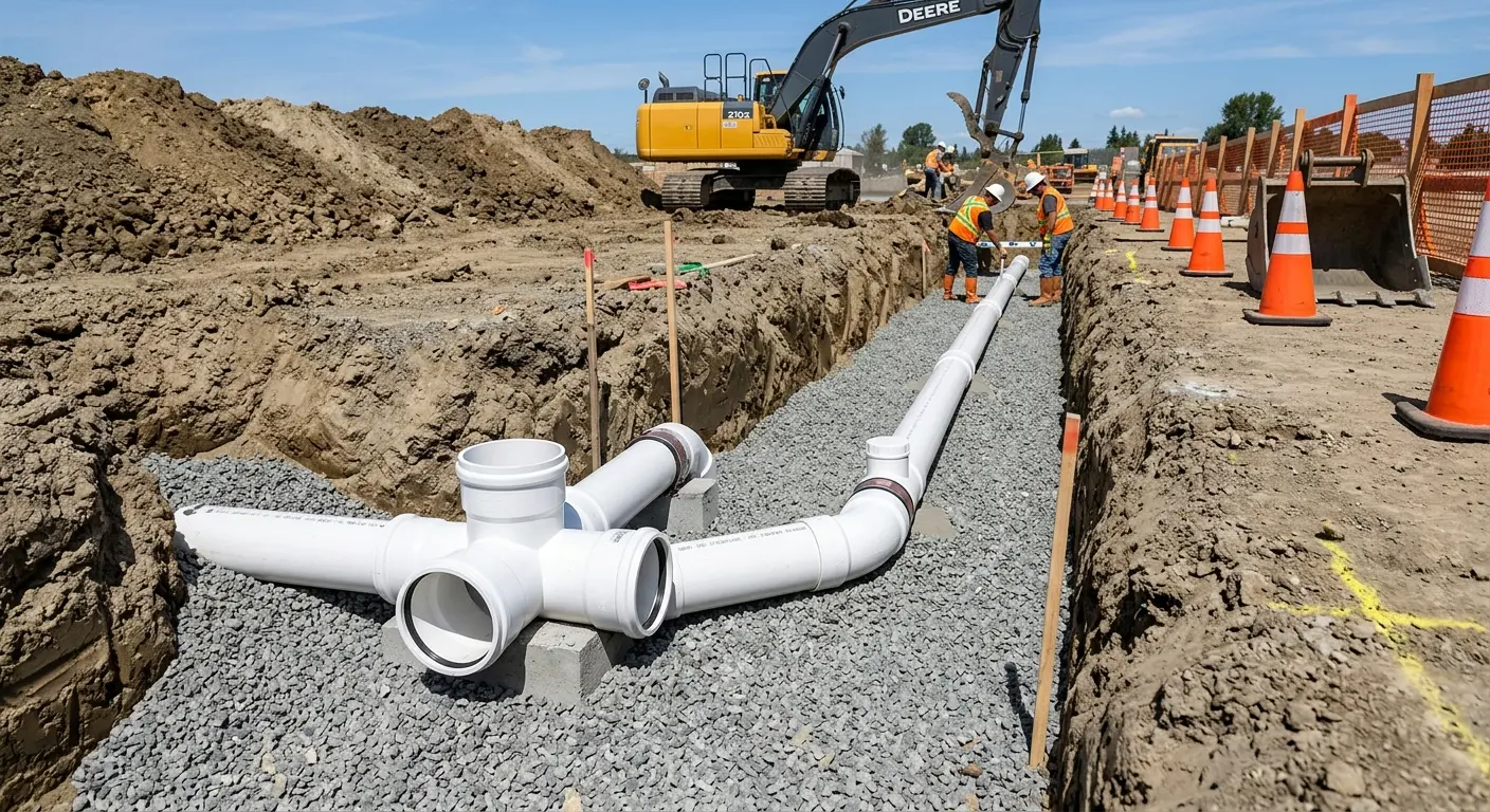New PVC sewer pipe installation in open trench for Sewer Backup in Hellam