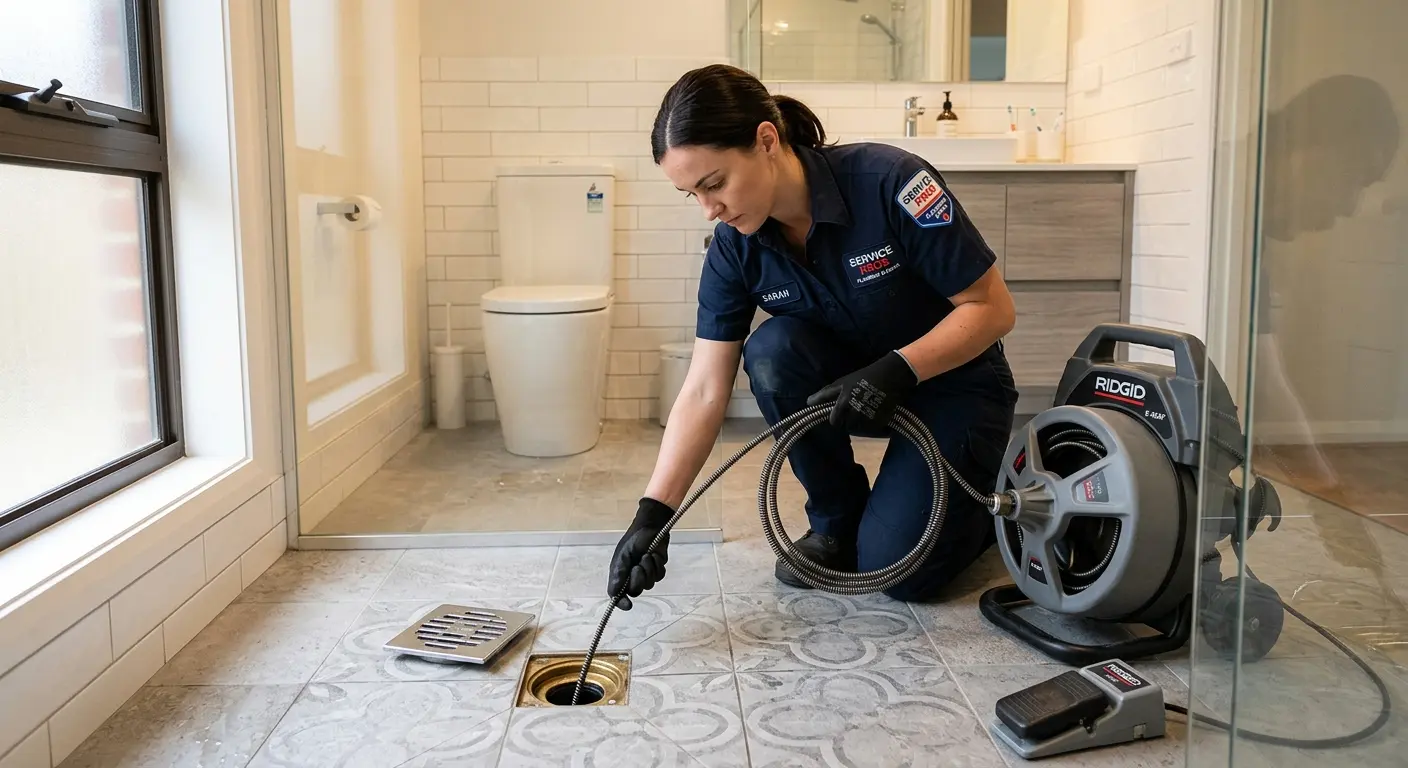 Technician clearing a bathroom floor drain for Drain Cleaning in Hellam